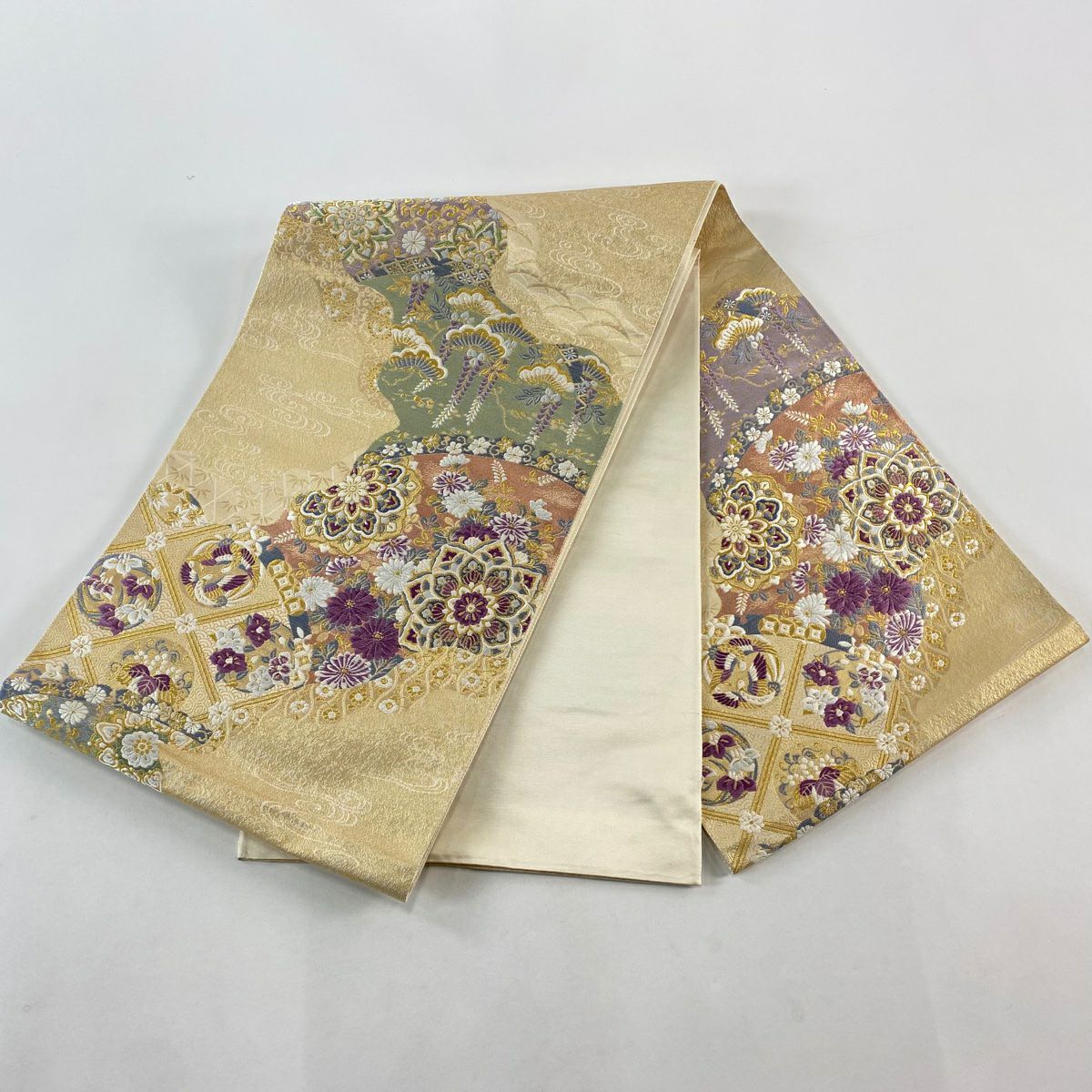 【美品】 袋帶 逸品級 じゅらく 落款あり 帝王紫 華紋 花丸文 金糸 金金箔 金 六通 純蠶絲
