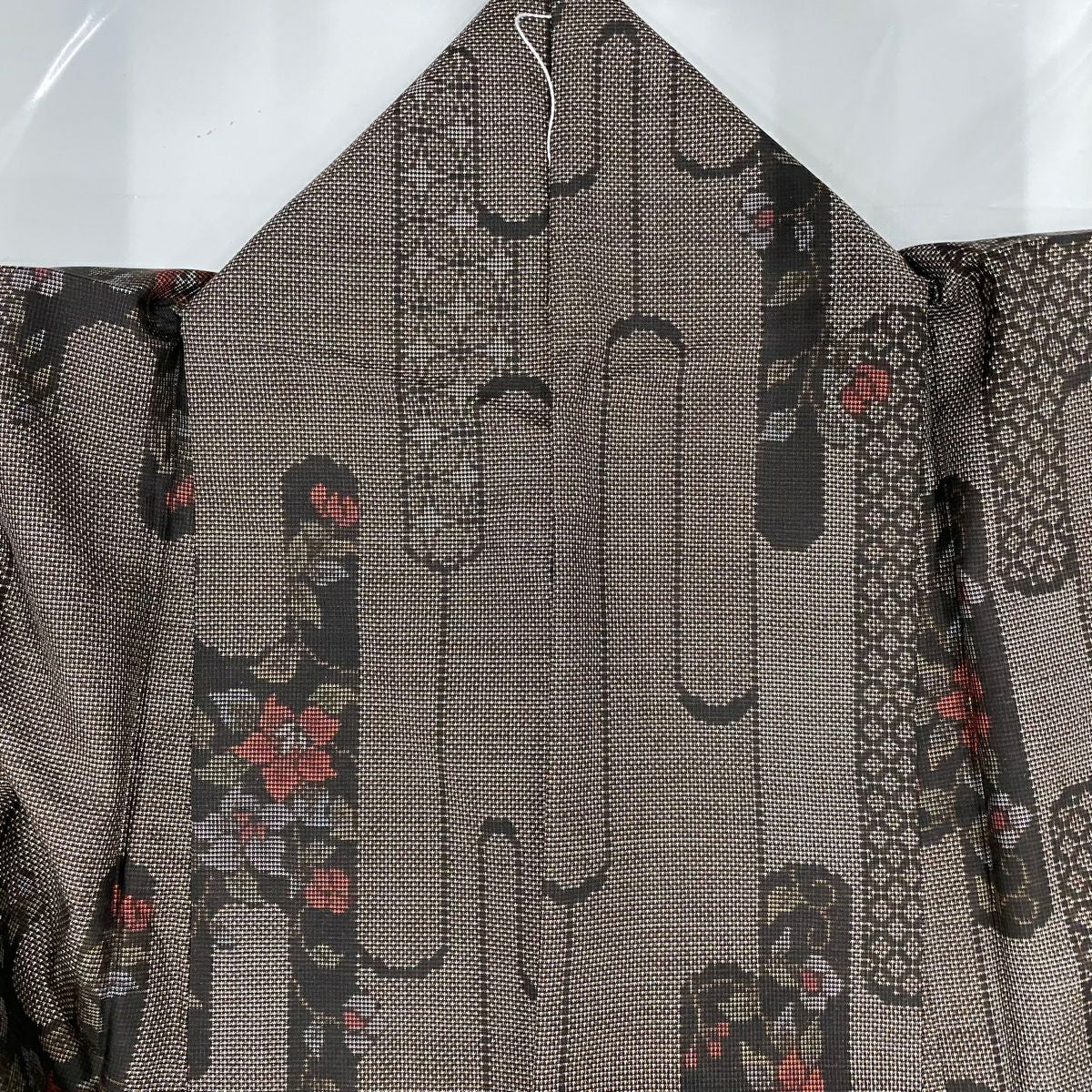【美品】 紬織織 身長162cm 袖長65cm M 雙層 草花紋紋 幾何學 焦茶 純蠶絲 秀品級
