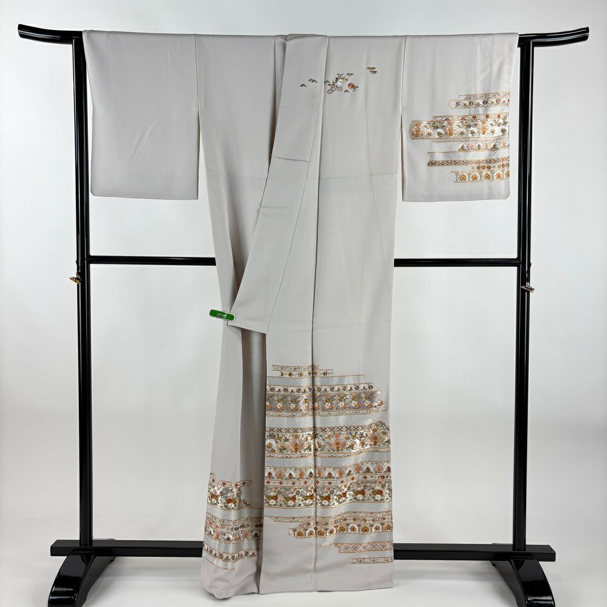 訪問服 身長162cm 袖長64.5cm M 雙層 草花紋紋 七寶紋 金糸 刺繡 灰茶 純蠶絲 逸品級 一つ紋