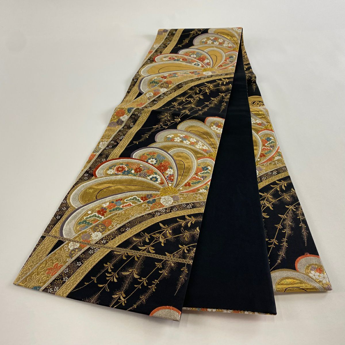 袋帶 秀品級 花 松樹梅花 金金箔 金絲 黑 六通 純蠶絲