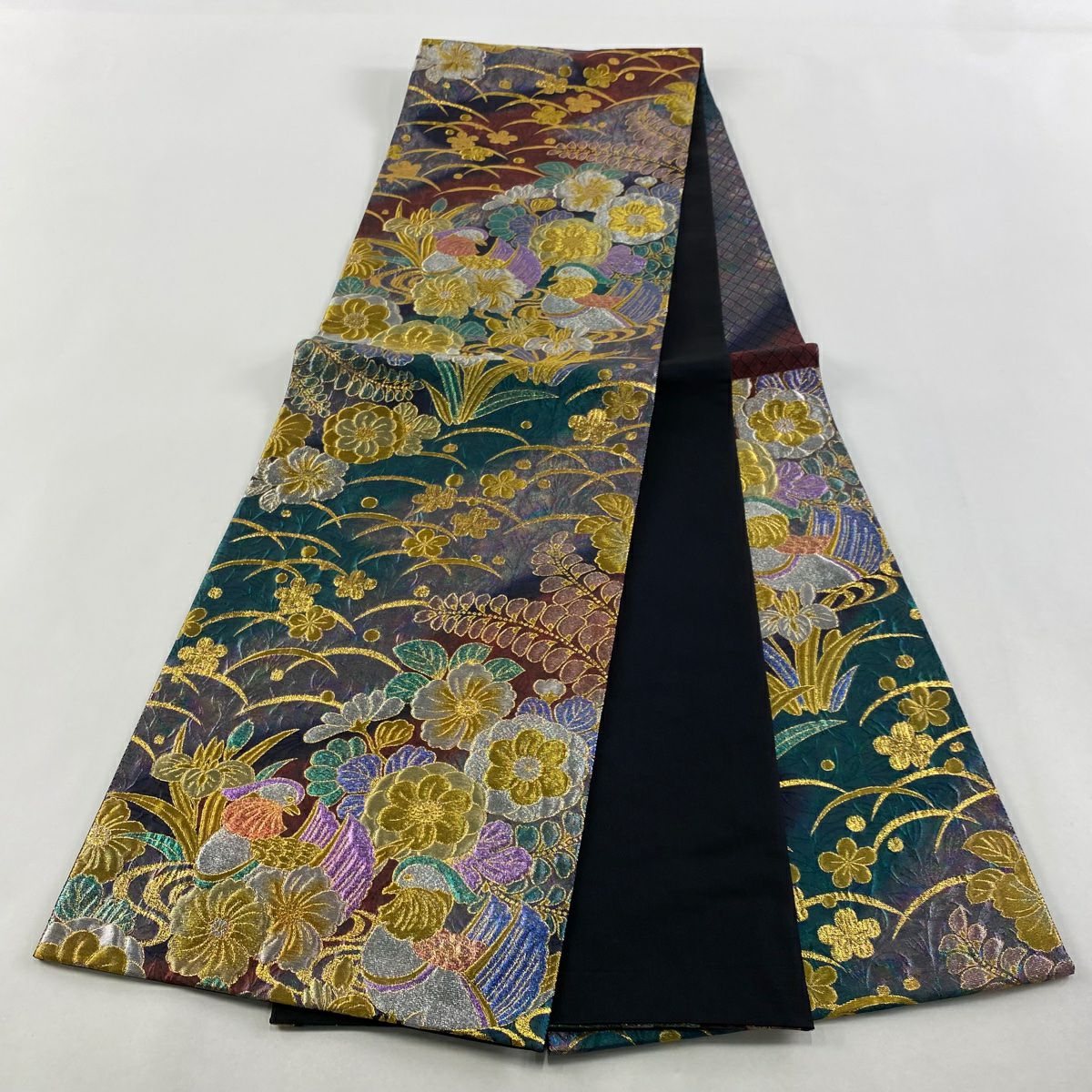 【美品】 袋帶 秀品級 草花紋紋 鴛鴦 金銀彩 金金箔 綠 六通 純蠶絲