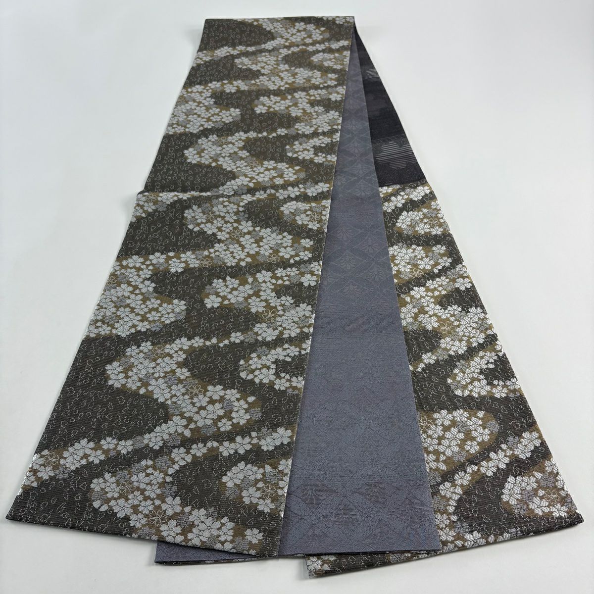 【美品】 袋帶 優品級 櫻花 霞 金絲 灰茶 六通 純蠶絲
