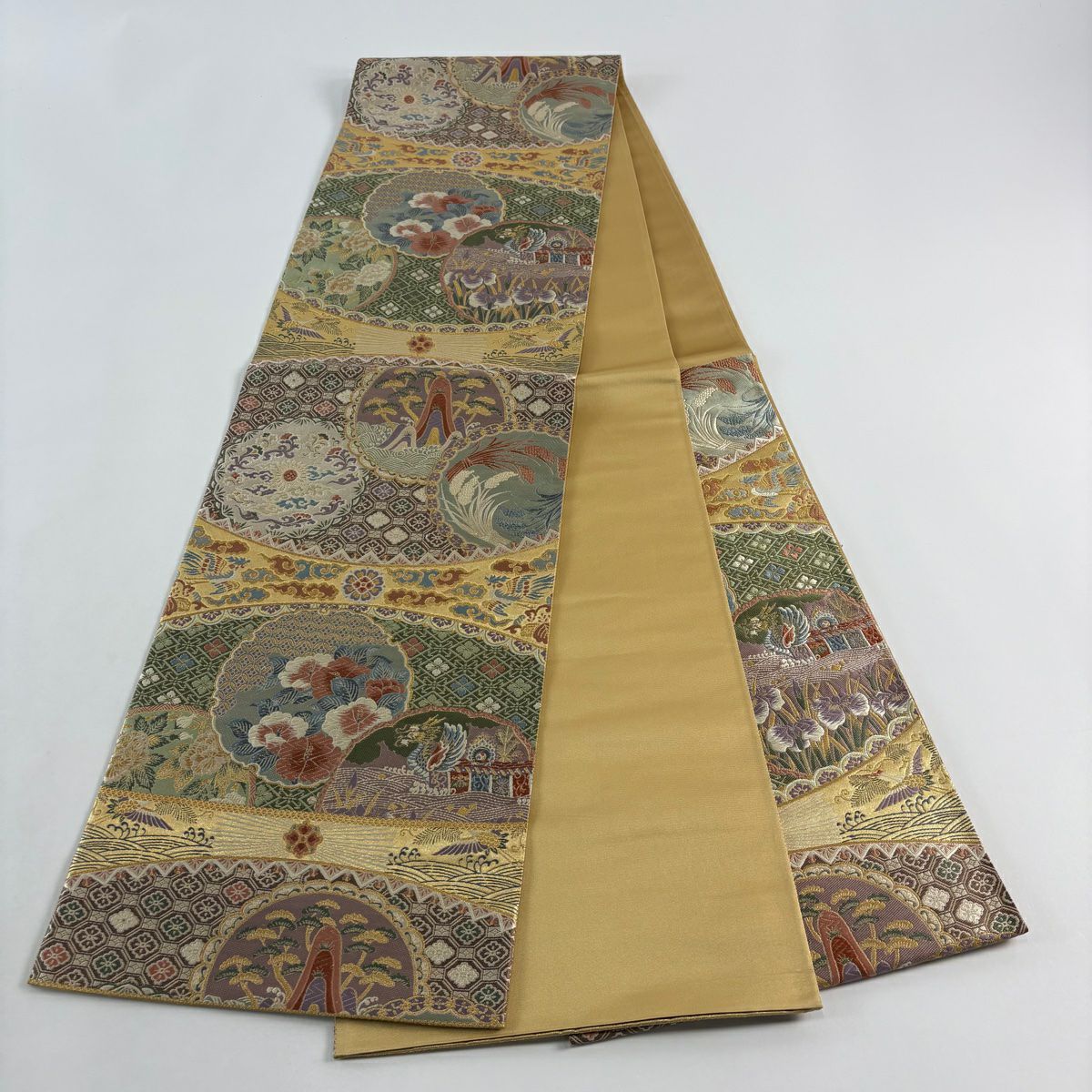 【美品】 袋帶 秀品級 關西仕立 花鳥 雪輪 金金箔 金絲 金色 六通 純蠶絲