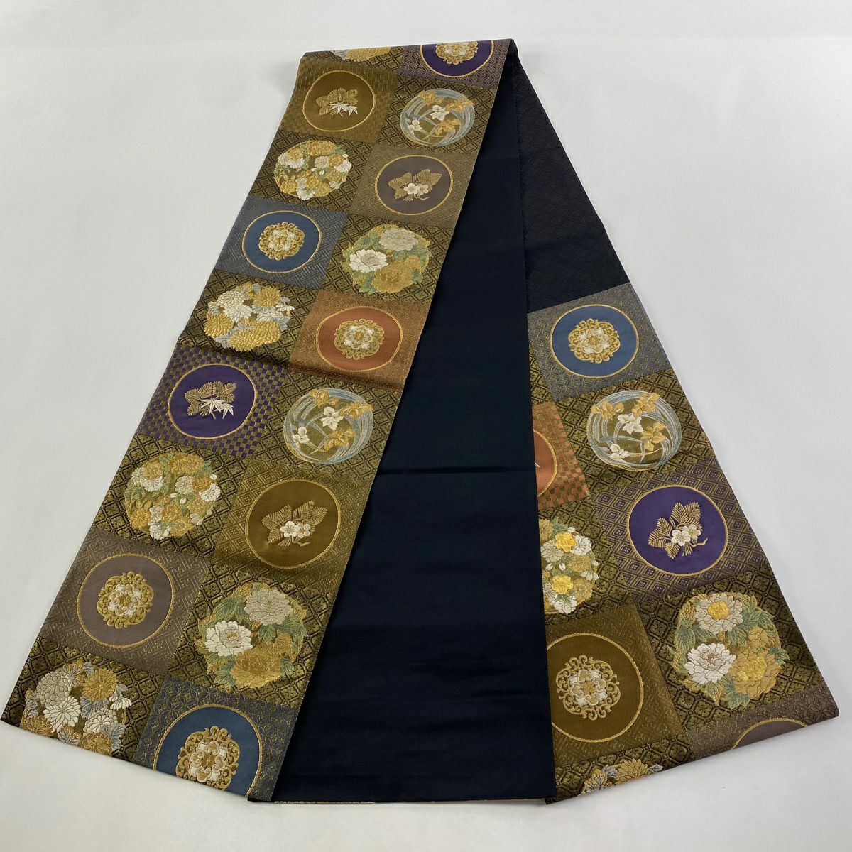 【美品】 袋帶 名品級 じゅらく 落款あり 花丸紋 華紋 金絲 金金箔 金色 大鼓圖案 純蠶絲
