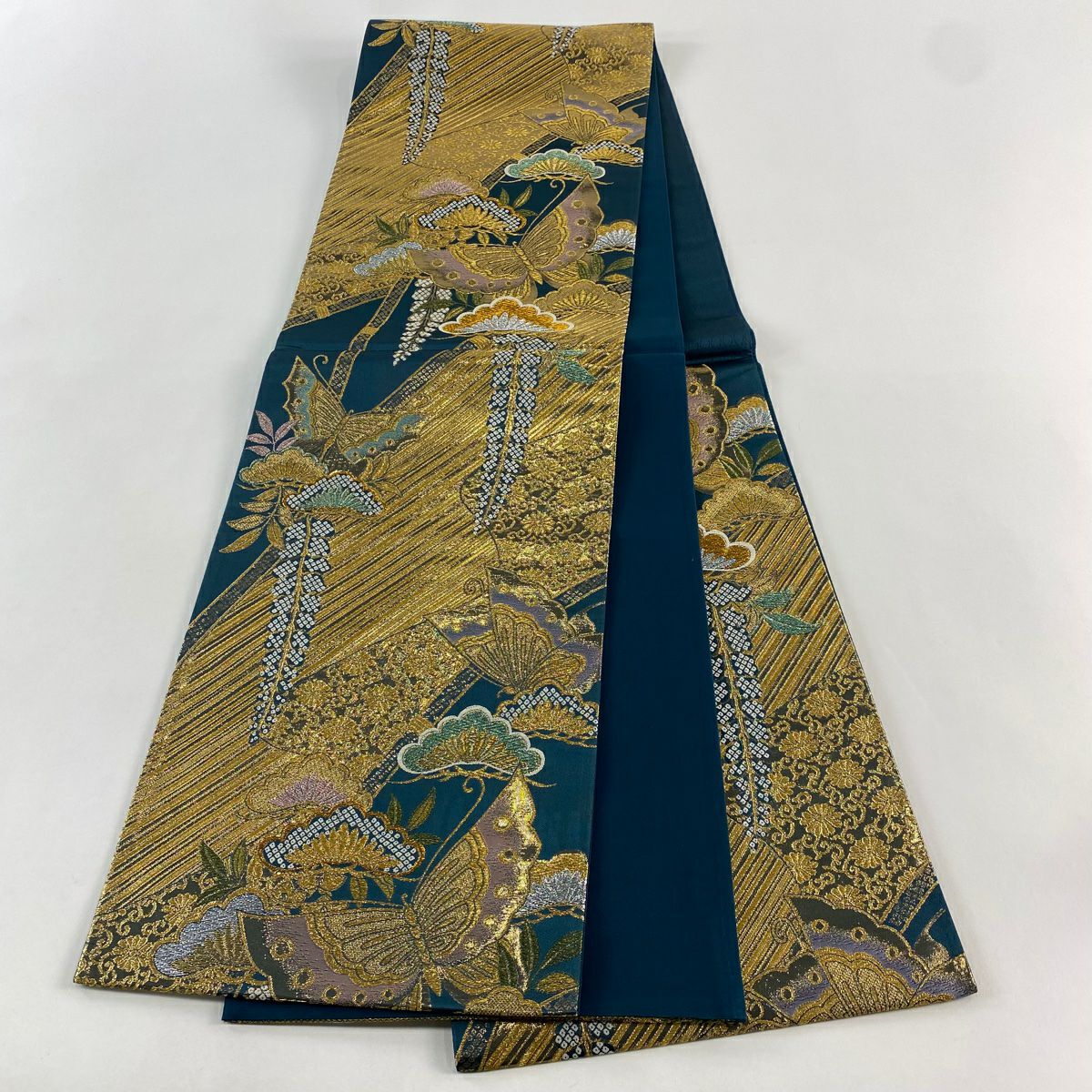 【美品】 袋帶 名品級 證書齊全 振袖禮服適用 蝶 松樹 金銀線 金金箔 深綠 六通 純蠶絲