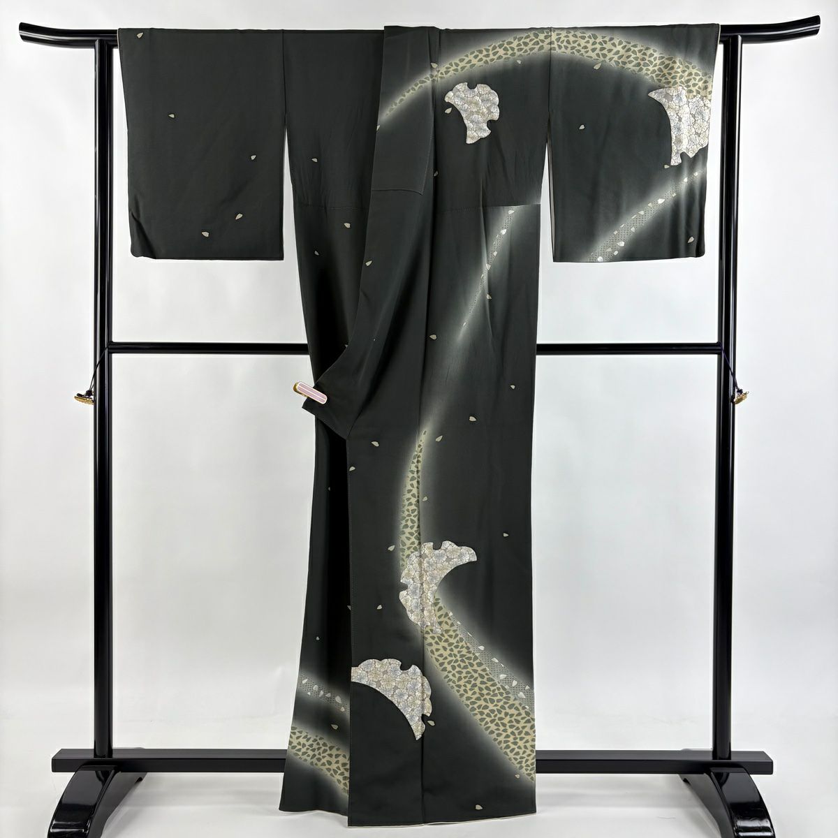 訪問服 身長163cm 袖長67cm M 雙層 櫻花 雪芝 刺繡 金線 深綠 純蠶絲 逸品級