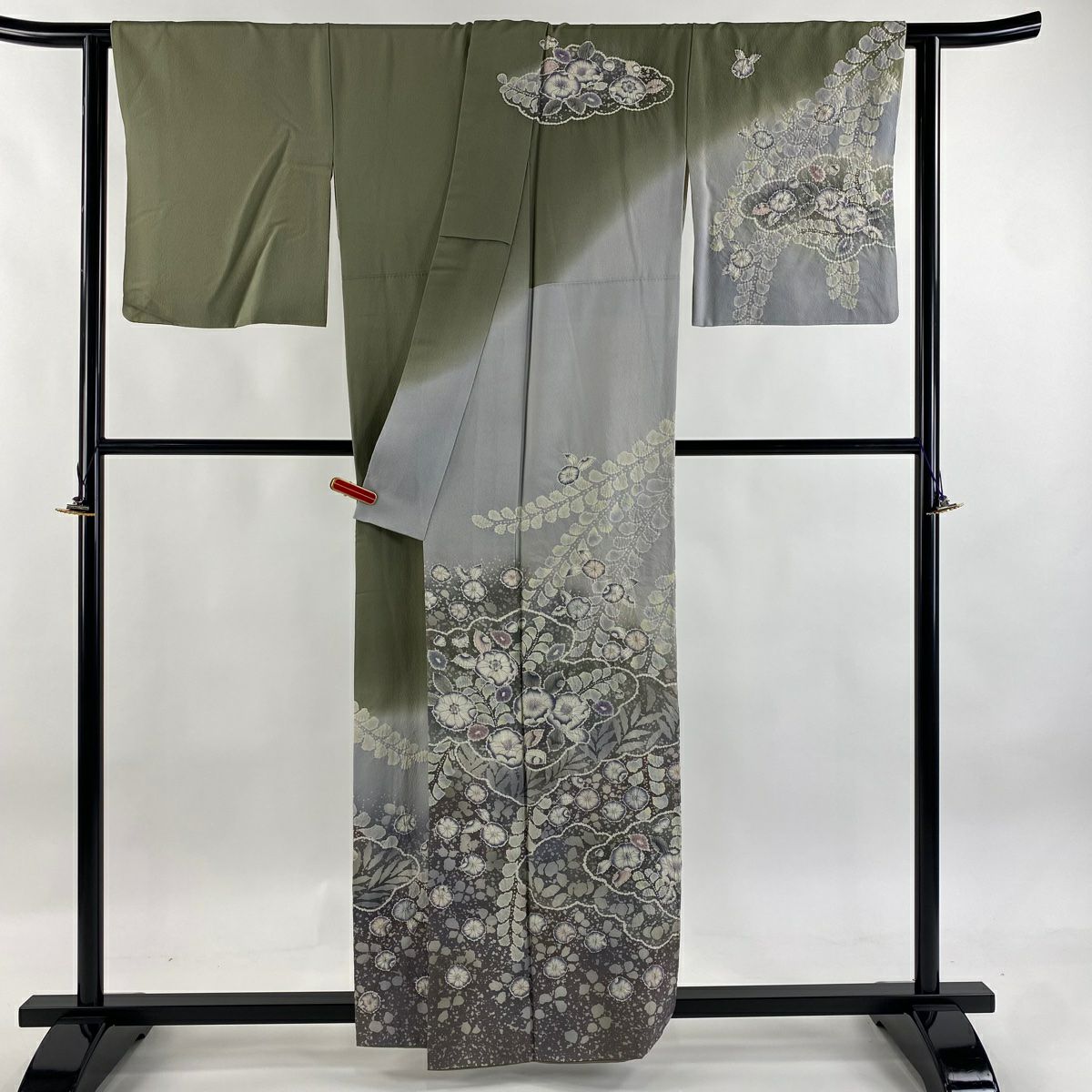 【美品】訪問服 身長159cm 袖長64.5cm M 雙層 落款あり 辻花染 漸層 灰綠 純蠶絲 逸品級