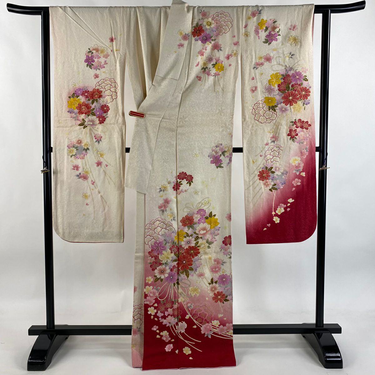 振袖禮服 身長169cm 袖長67cm M 雙層 藥玉 櫻花 鑽石 銀通 金銀彩 奶油色 純蠶絲 逸品級
