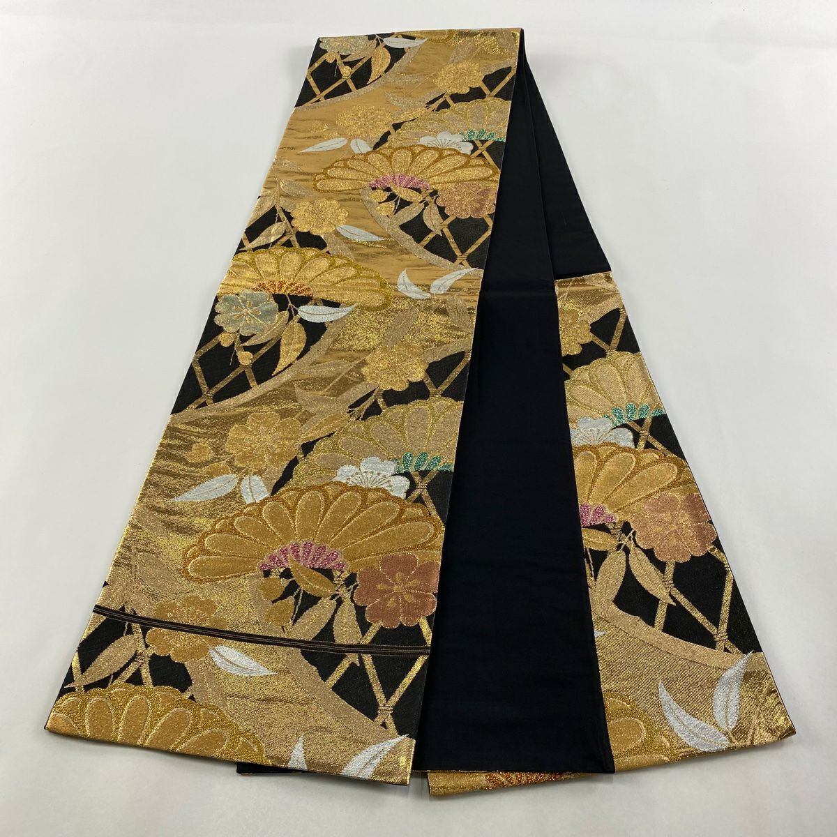 【美品】 袋帶 秀品級 樱花 竹子 金絲 金金箔 黑 六通 純蠶絲