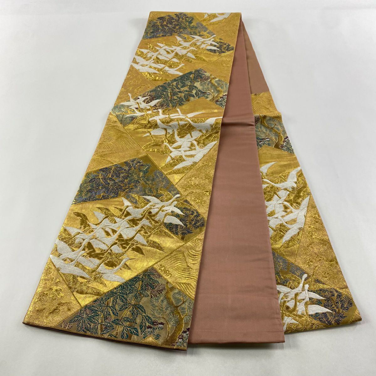 【美品】 袋帶 秀品級 仙鶴 枝葉 唐織 金金箔 金色 六通 純蠶絲
