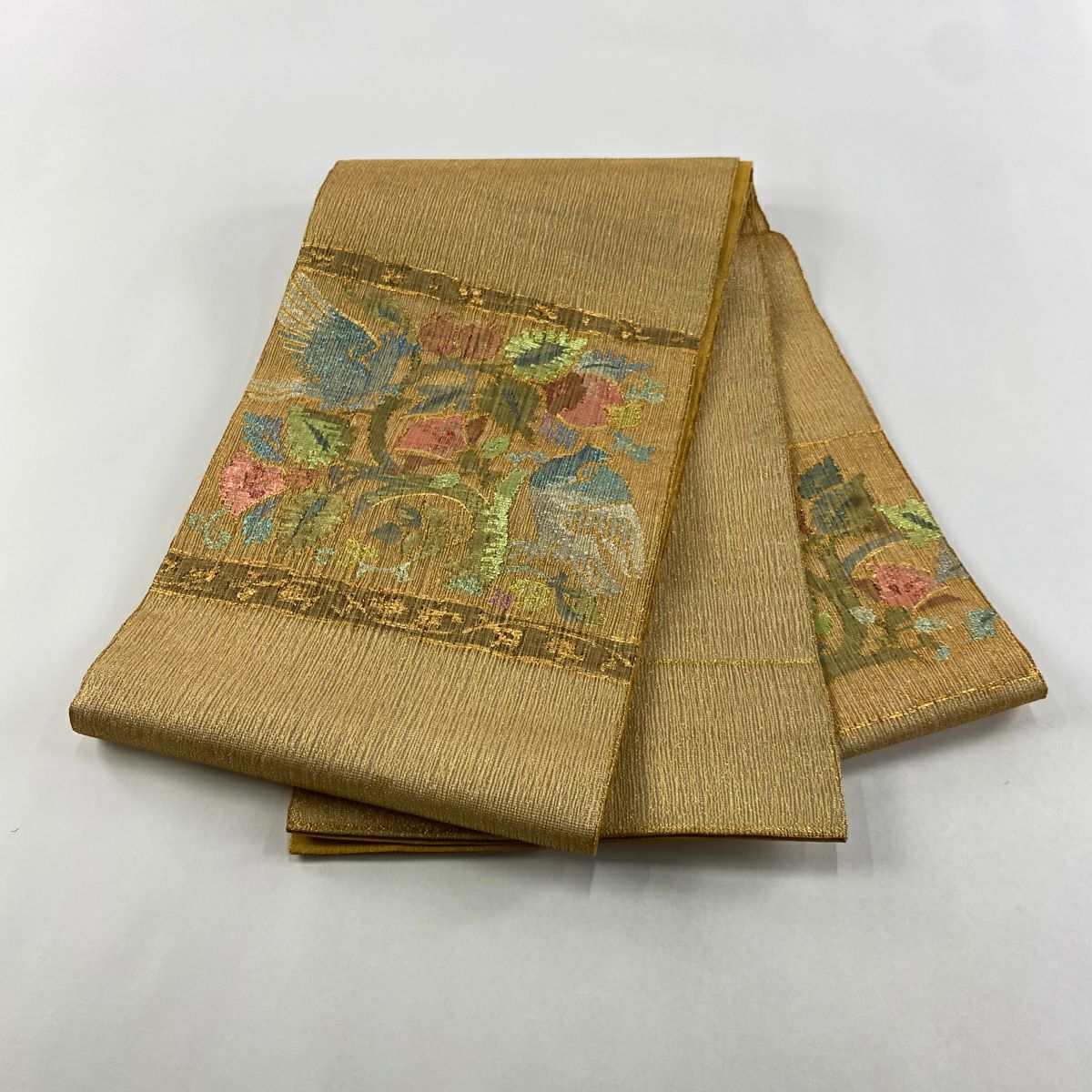 【美品】 袋帶 秀品級 關西仕立 草花紋 鳥 金金箔 金色 大鼓圖案 純蠶絲