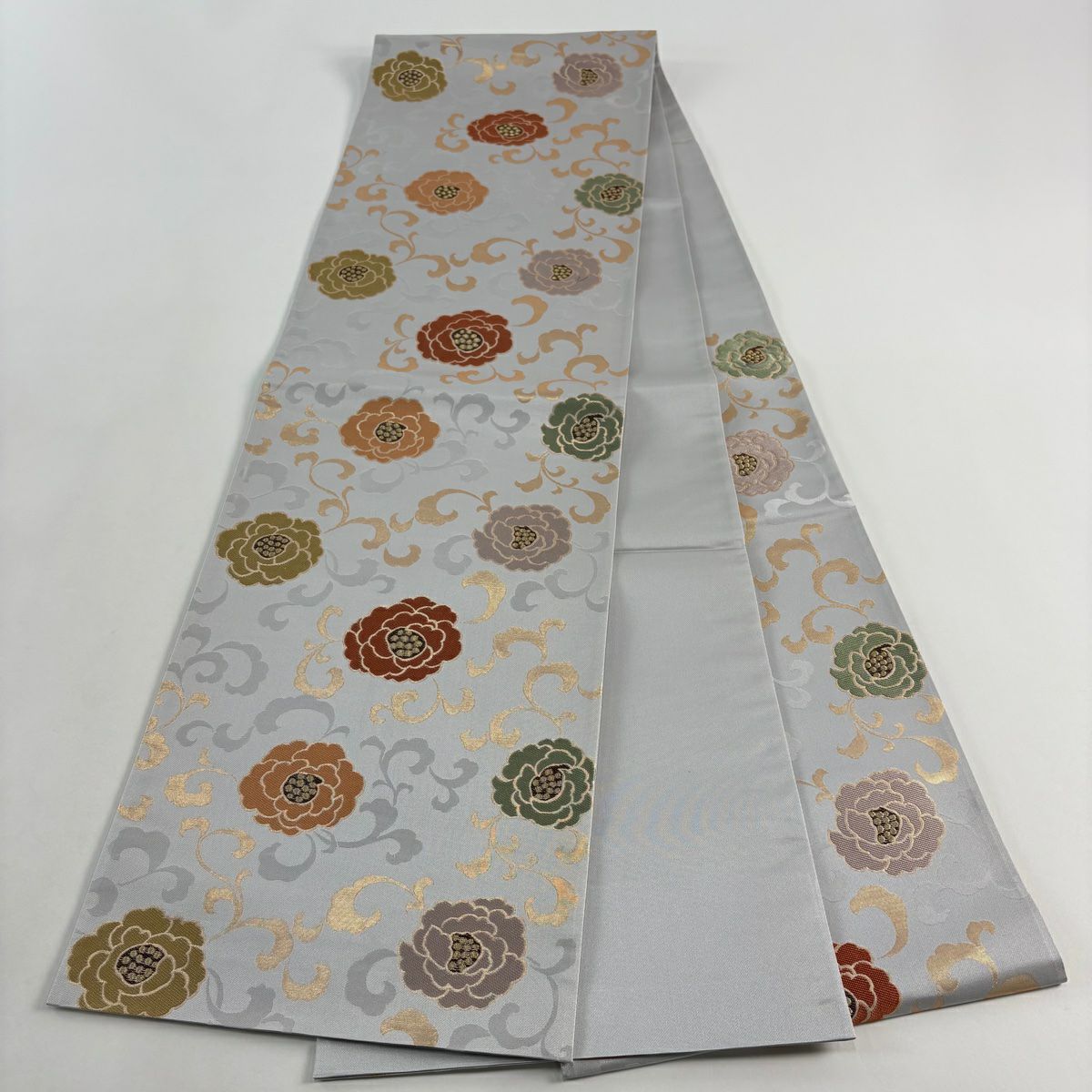 【美品】 袋帶 秀品級 花唐草紋 金金箔 金絲 灰色 六通 純蠶絲