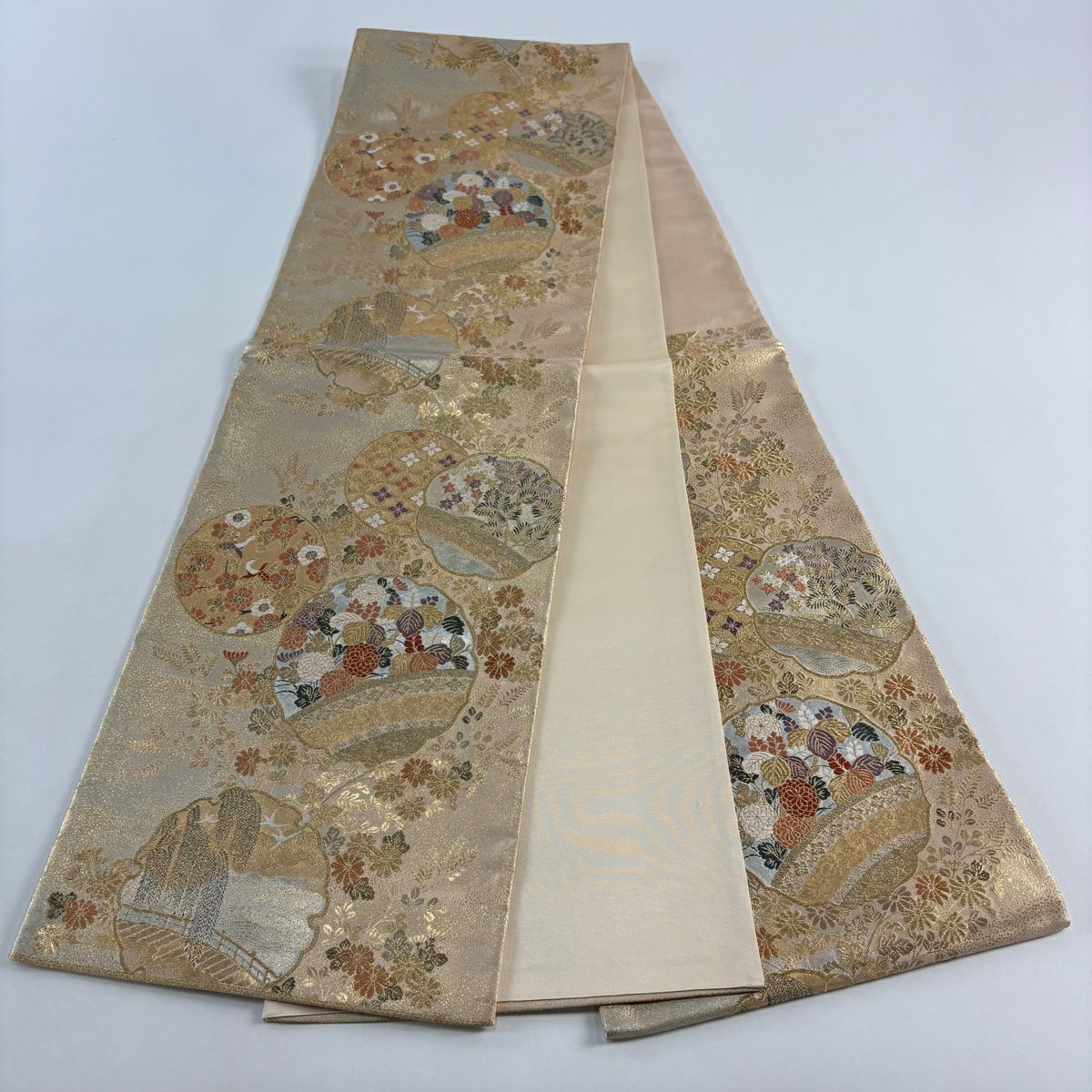【美品】 袋帶 秀品級 花鳥 七寶 金絲 金金箔 金色 六通 純蠶絲