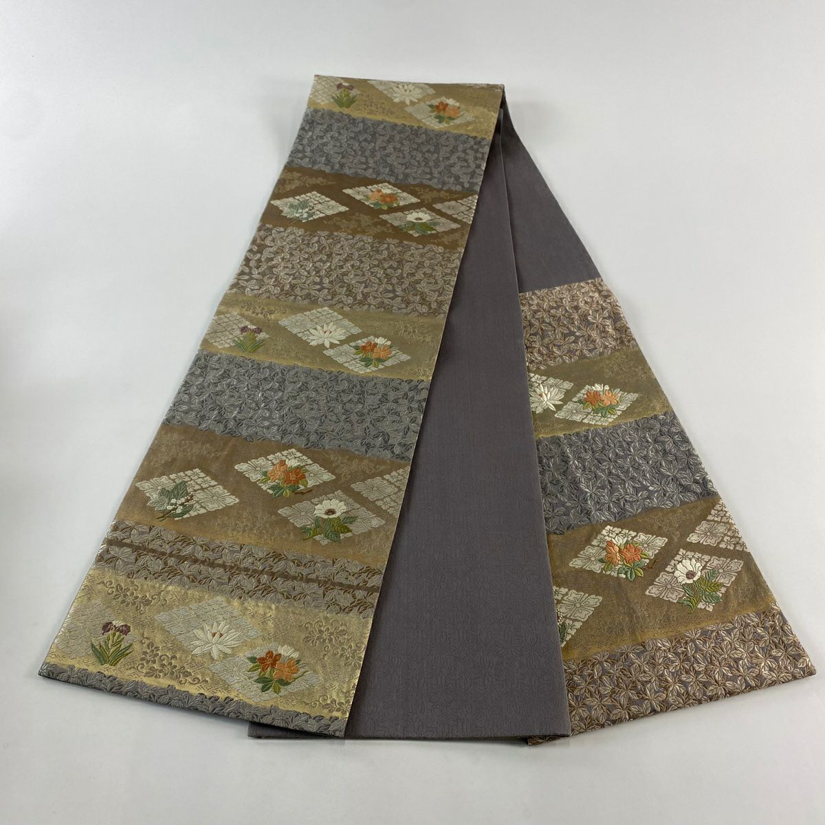 袋帶 秀品級 花菱 東宮御一家御印文 刺繡 金金箔 灰紫 六通 純蠶絲