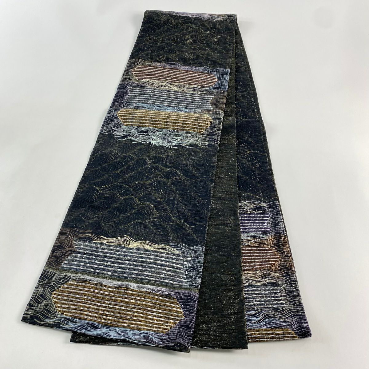 袋帶 名品級 縞紋 雜紋 金絲 金金箔 黑色 大鼓圖案 純蠶絲