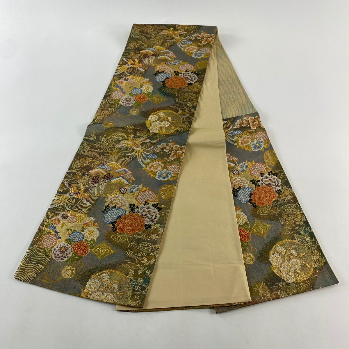 【美品】 袋帶 秀品級 花鳥 花丸紋 金絲 金金箔 淺茶 六通 純蠶絲