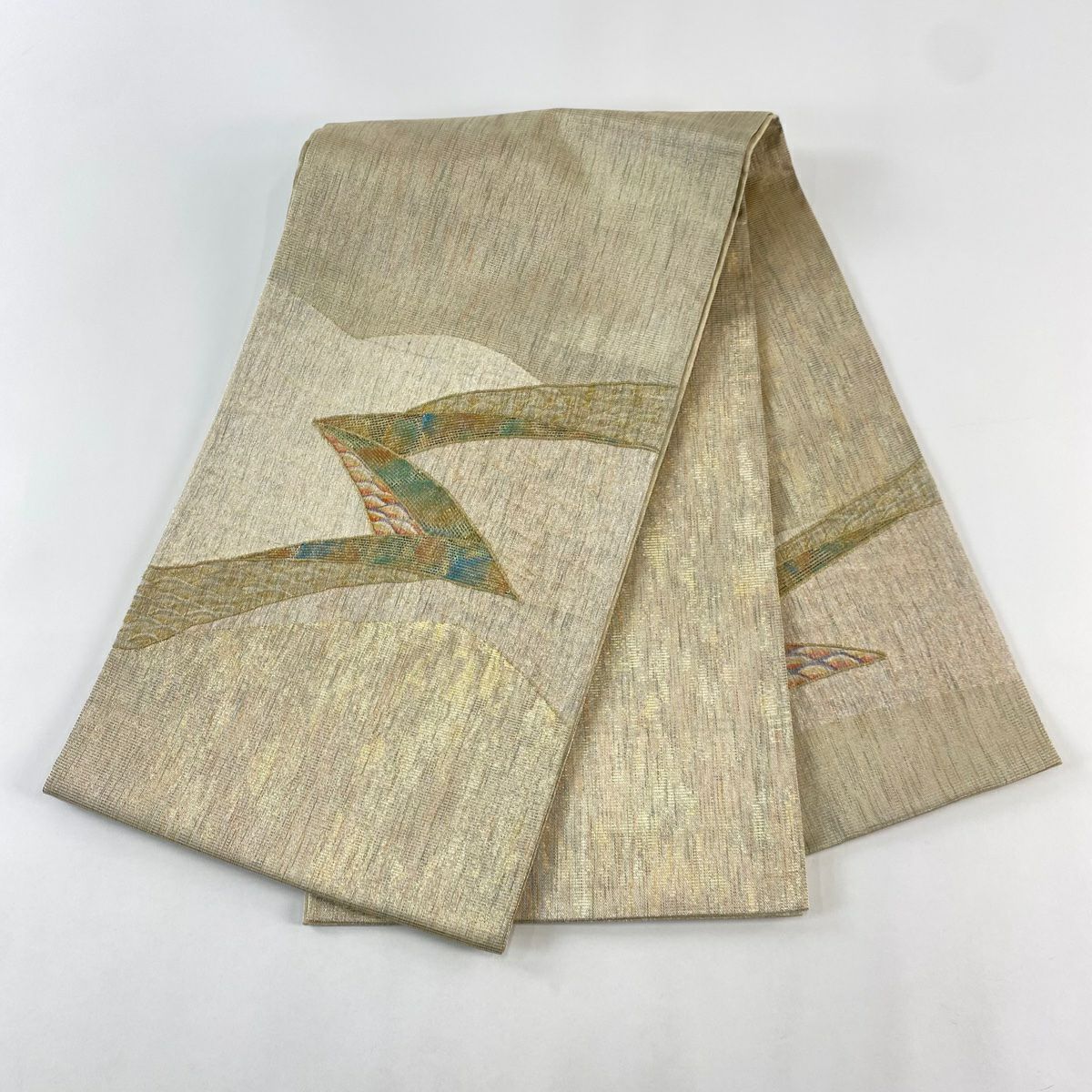 【美品】 袋帶 秀品級 幾何圖案 青海波 金銀線 金金箔 金色 大鼓圖案 純蠶絲