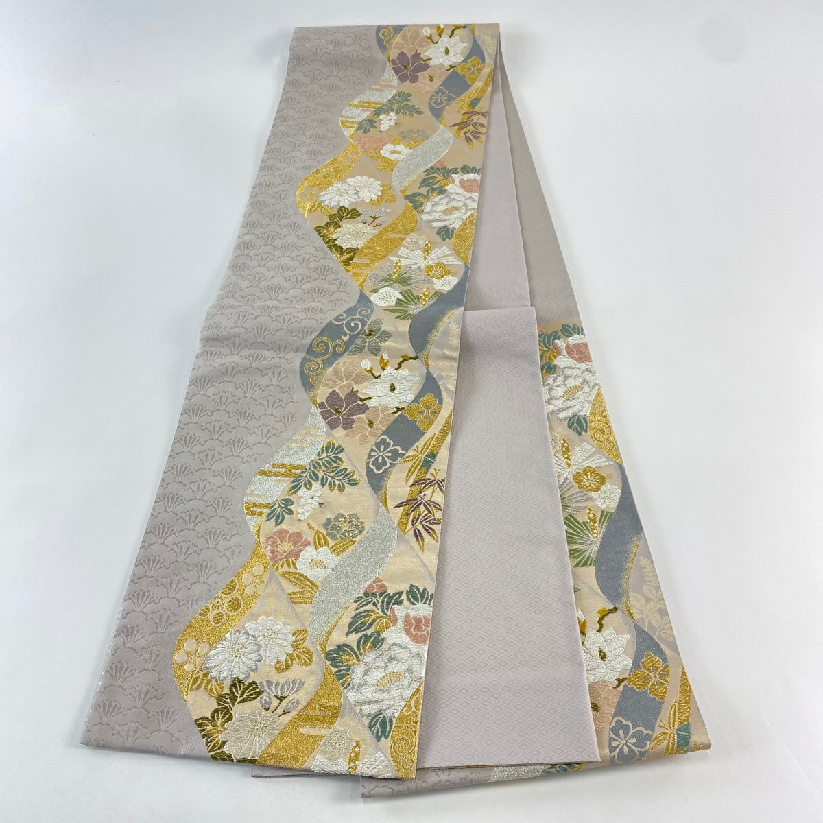 【美品】 袋帶 秀品級 吉祥開運花 金銀糸 金金箔 灰紫 六通 純蠶絲