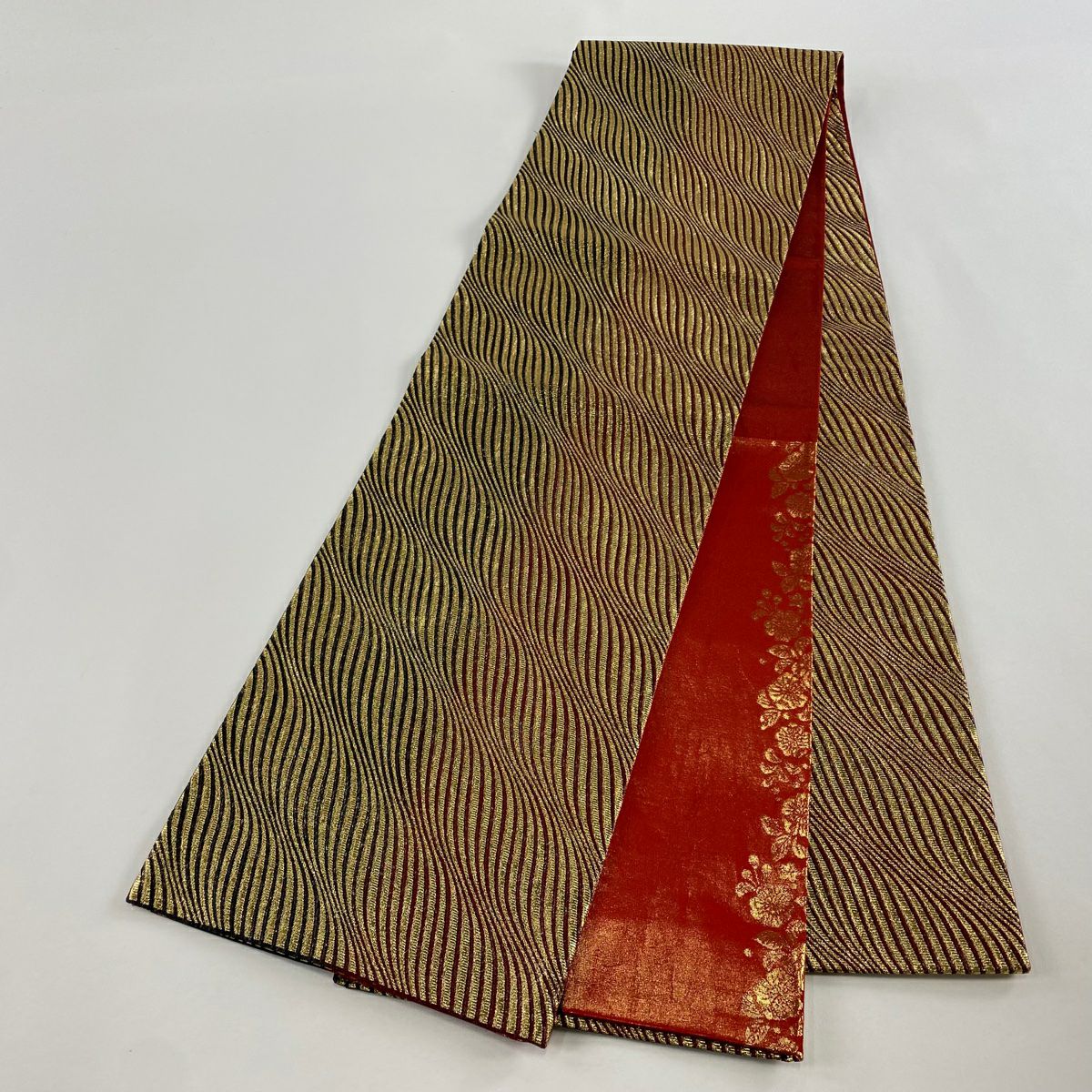 【美品】 袋帶 秀品級 斜條紋 金金箔 金色 全通 純蠶絲