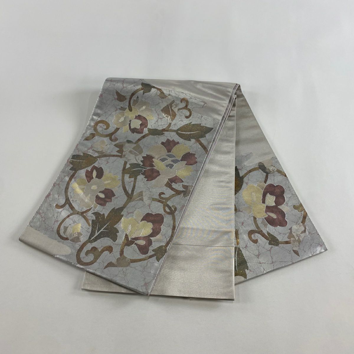 【美品】 袋帶 秀品級 花唐草紋 螺鈿金金箔 銀 金銀彩 純蠶絲