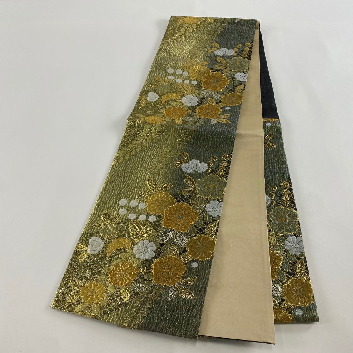 【美品】 袋帶 秀品級 草花紋紋 金金箔 金絲 灰綠 六通 純蠶絲