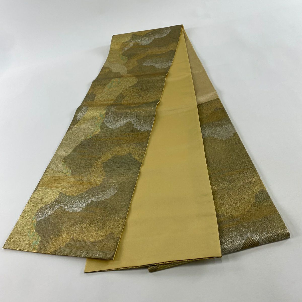 【美品】 袋帶 秀品級 幾何學 金絲 金金箔 金茶 六通 純蠶絲