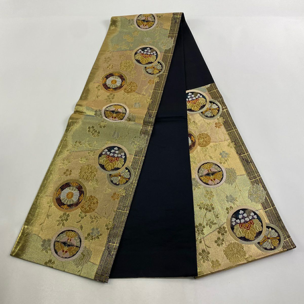 【美品】 袋帶 秀品級 蝶 桐 金銀線 金金箔 金 六通 純蠶絲