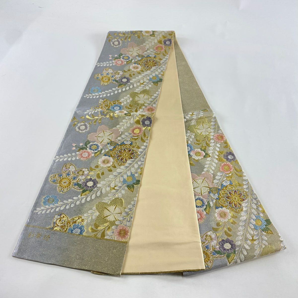 【美品】 袋帶 秀品級 關西仕立 華紋 草花紋紋 金銀彩 金金箔 青灰 深藍色 六通 純蠶絲
