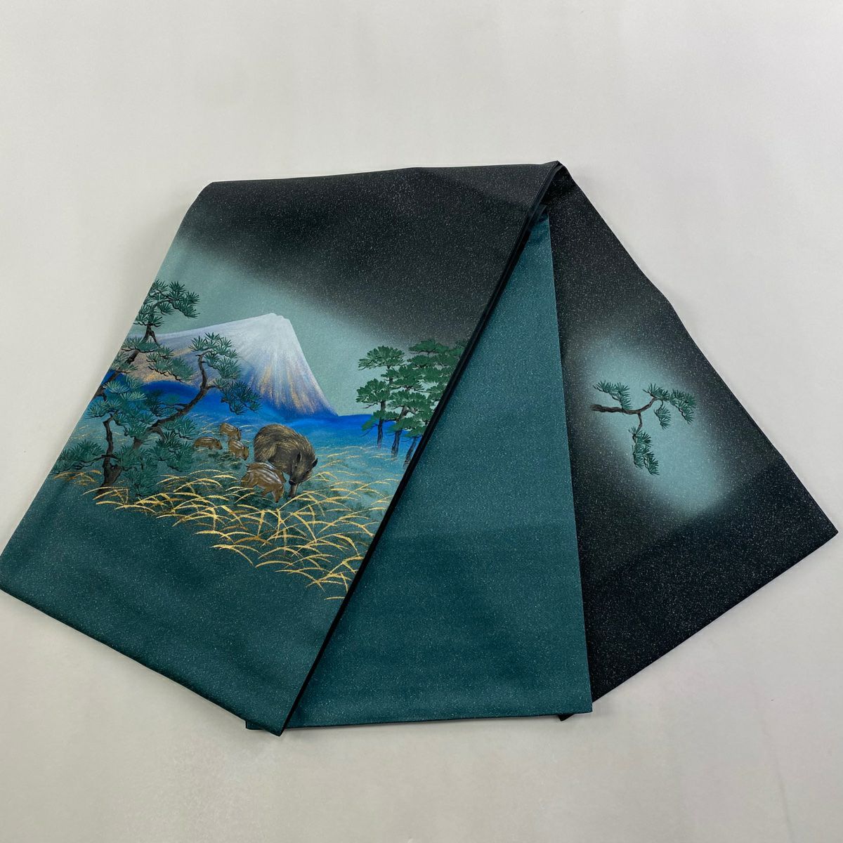 【美品】 袋帶 逸品級 富士山 猪 銀線 金銀彩 青綠 お太鼓圖案 純蠶絲
