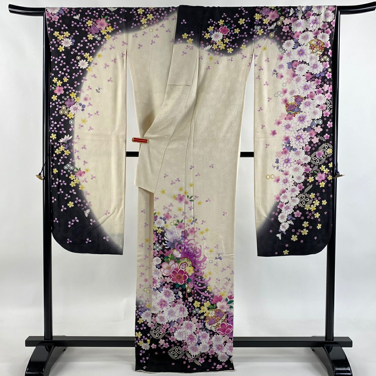 振袖禮服 身長168cm 袖長68.5cm L 雙層 鼓 櫻花 金銀彩 刺繡 奶油色 純蠶絲 逸品級