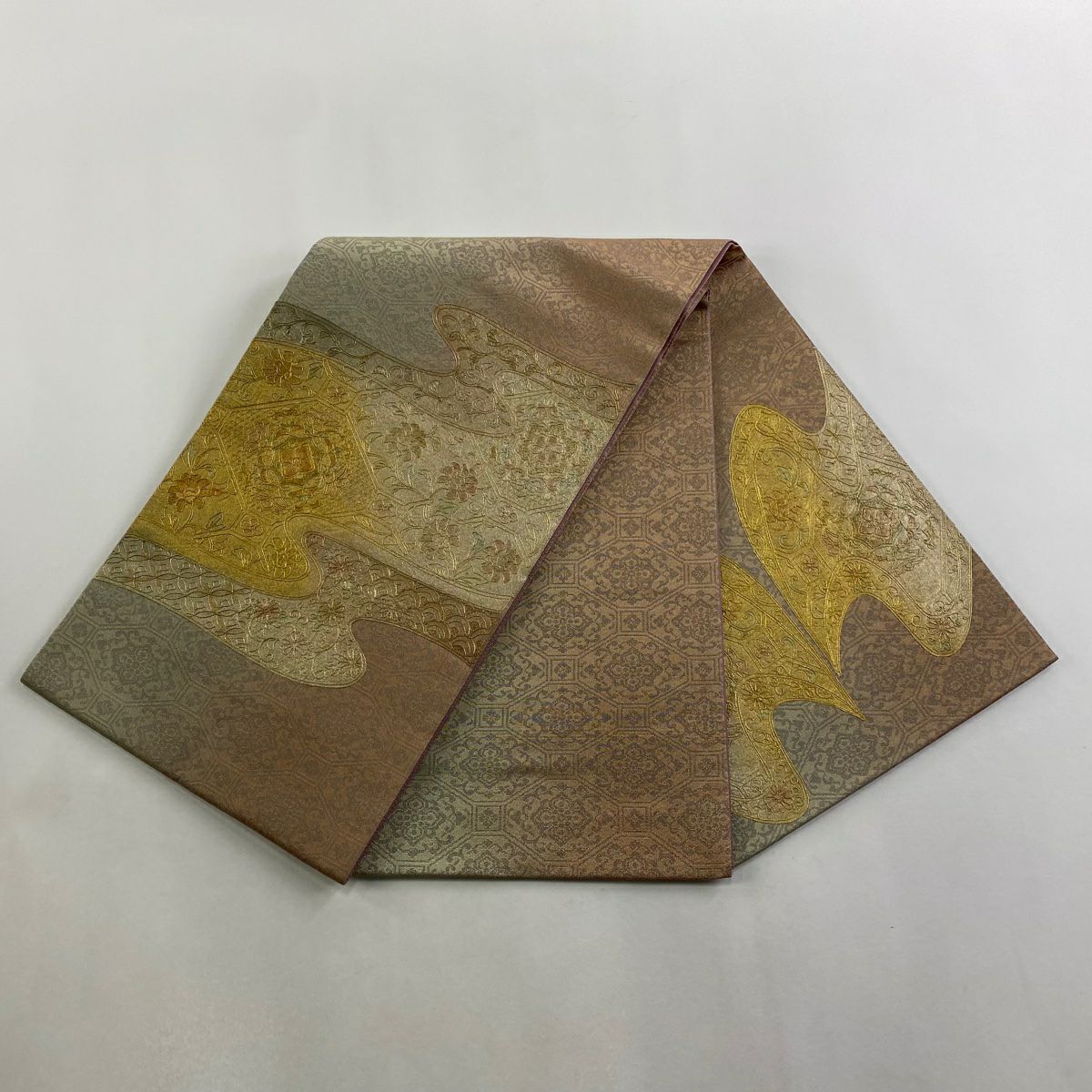 【美品】 袋帶 秀品級 華紋 霞 金絲 灰櫻 お太鼓圖案 純蠶絲