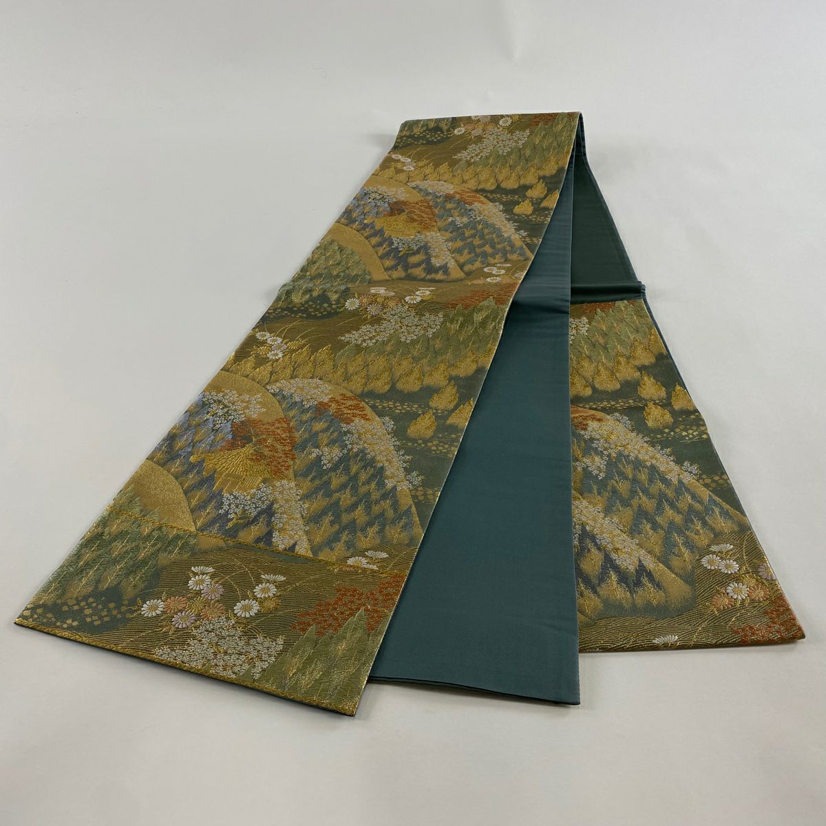 【美品】 袋帶 秀品級 關西仕立 山並 建物 金絲 金金箔 灰綠 六通 純蠶絲
