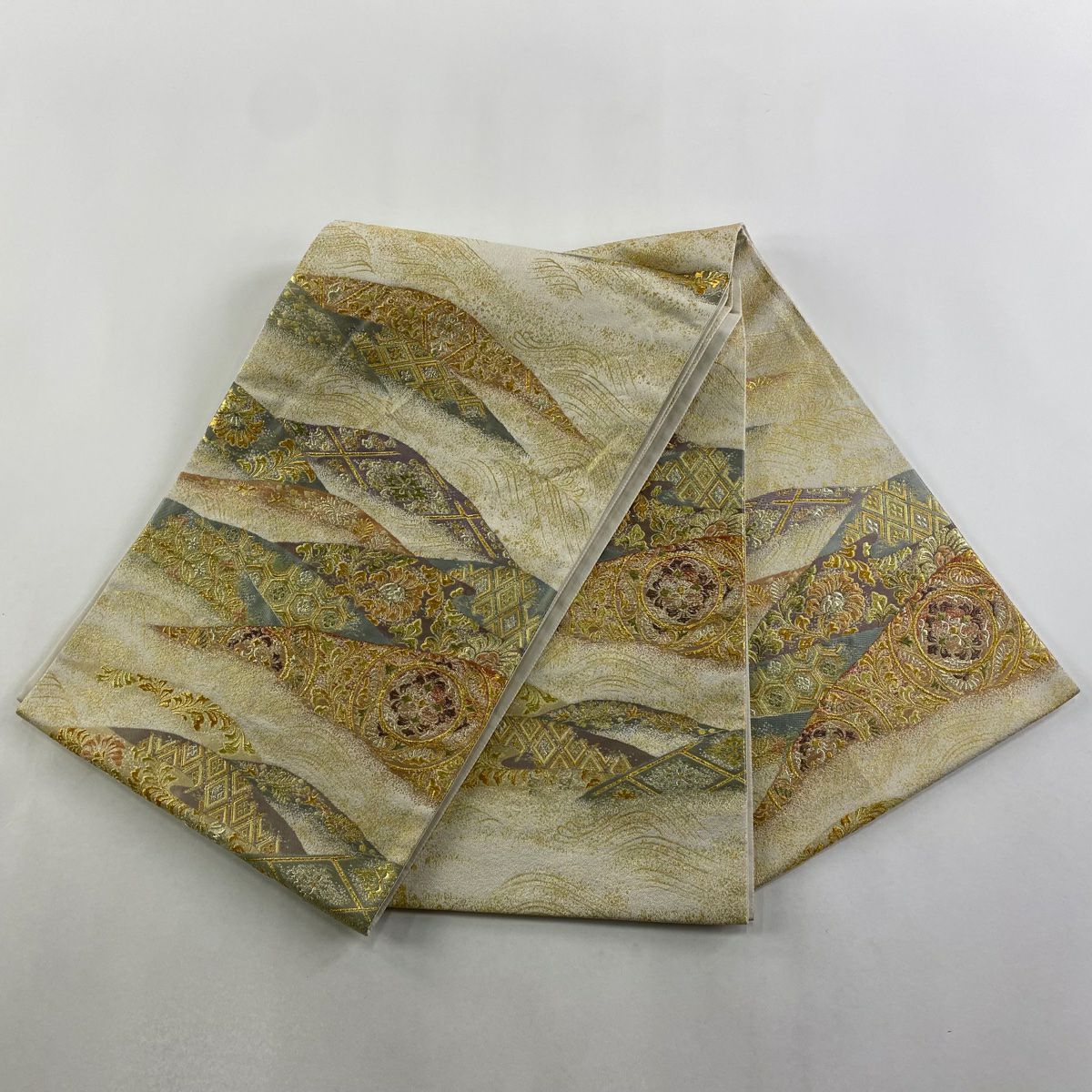 【美品】 袋帶 秀品級 草花紋紋 龜甲 金絲 金金箔 奶油 六通 純蠶絲