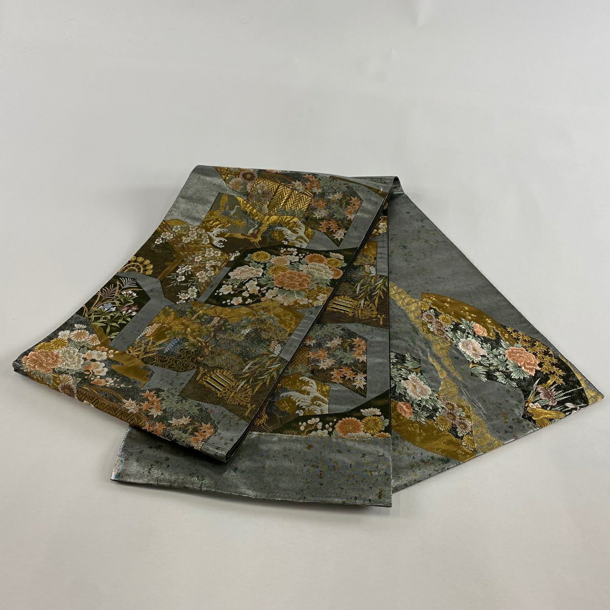 【美品】 袋帶 秀品級 草花紋紋 橋 金絲 金金箔 銀 純蠶絲
