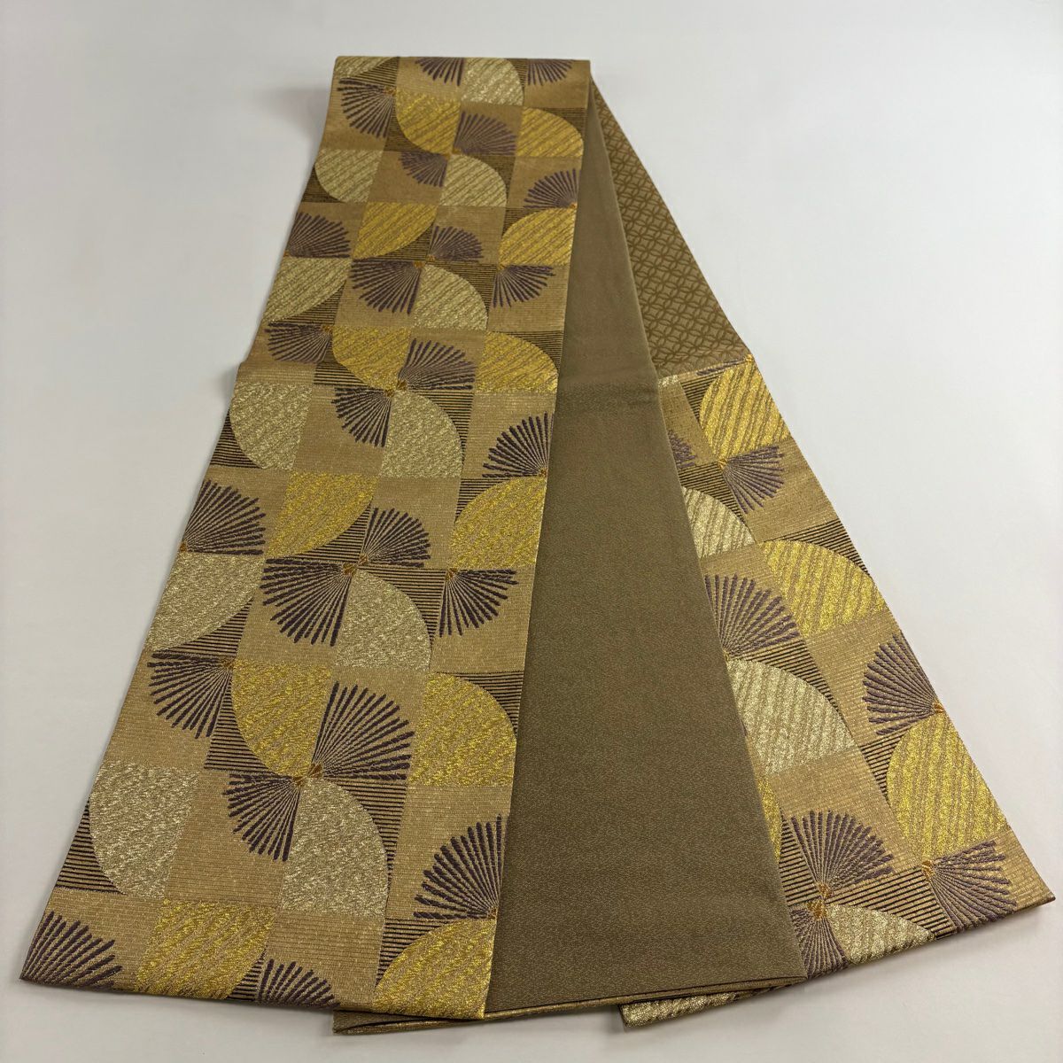 【美品】 袋帶 名品級 變化市松樹 松樹葉 金金箔 金絲 金茶 六通 純蠶絲