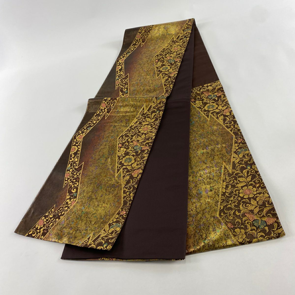 【美品】 袋帶 名品級 TOKI志すい 落款あり 花唐草紋 蝶 金糸 金金箔 茶 六通 純蠶絲