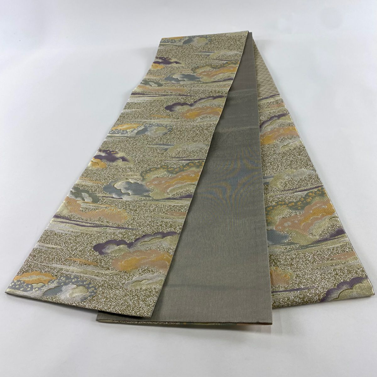 【美品】 袋帶 名品級 鶯 深藍 六通 純蠶絲