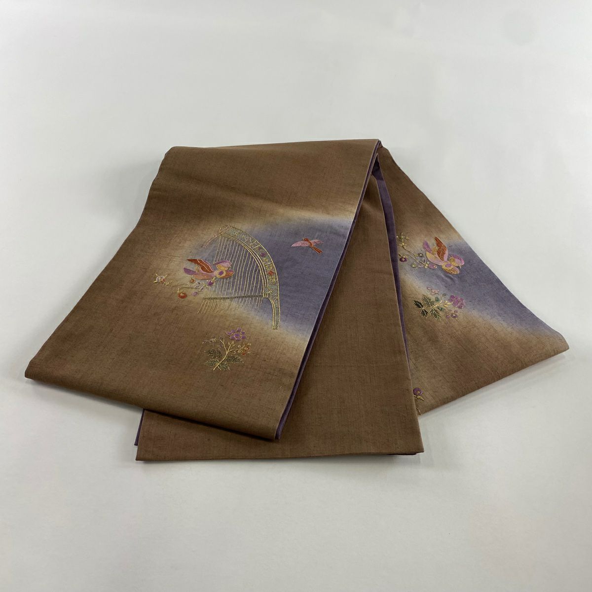 【美品】 袋帶 名品級 紬織織 貝紫刺繡 鴛鴦 和樂器 刺繡 金線 茶