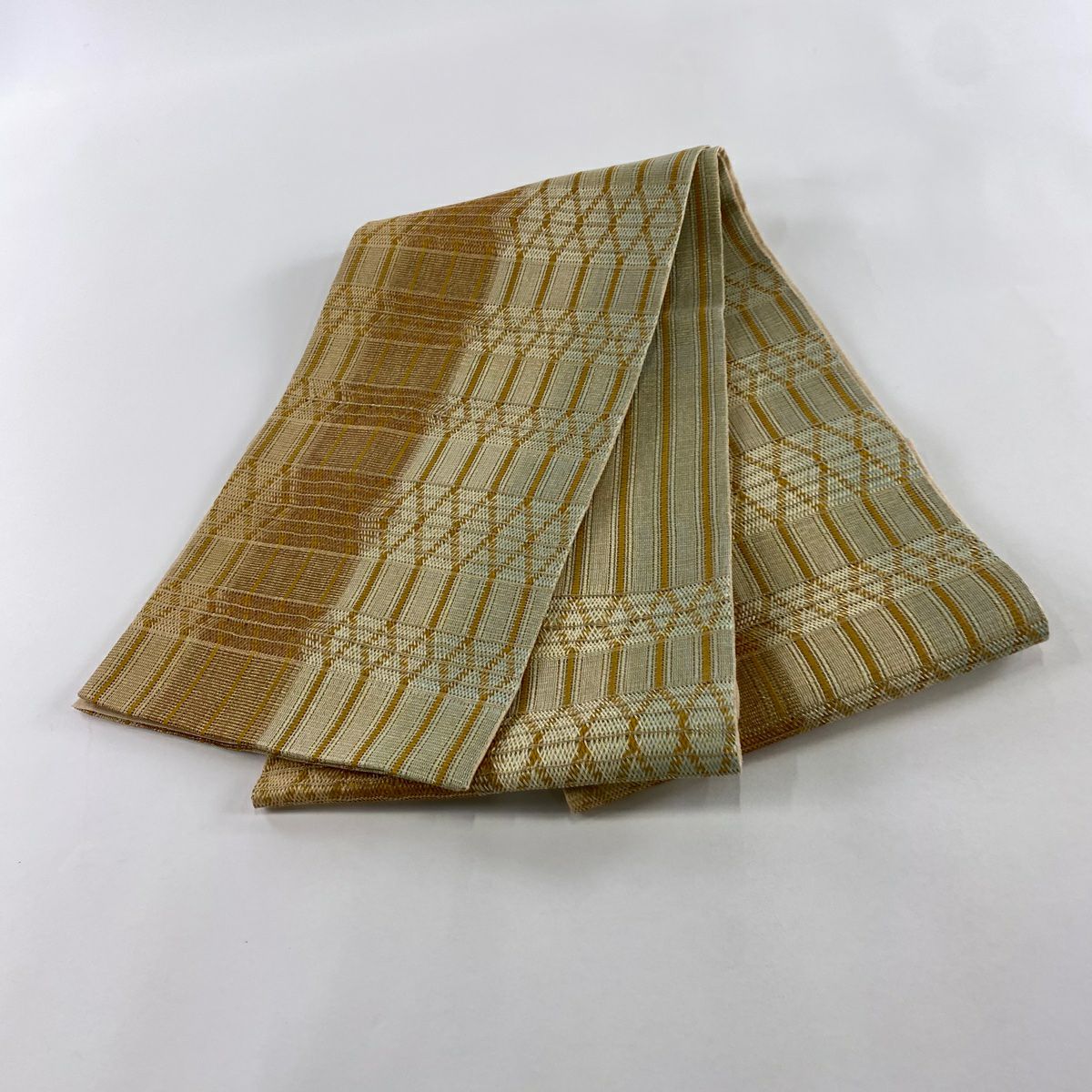 【美品】 袋帶 名品級 條紋 幾何圖案 金絲 米色 大鼓圖案 純蠶絲