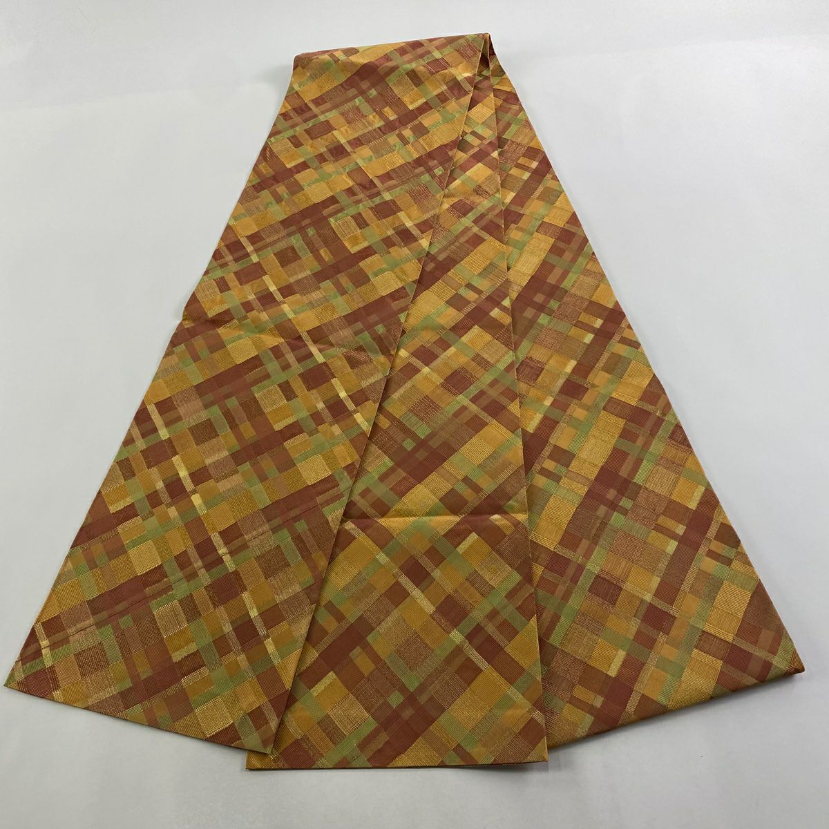 【美品】 袋帶 秀品級 斜格紋 金絲 橙色 全通 純蠶絲