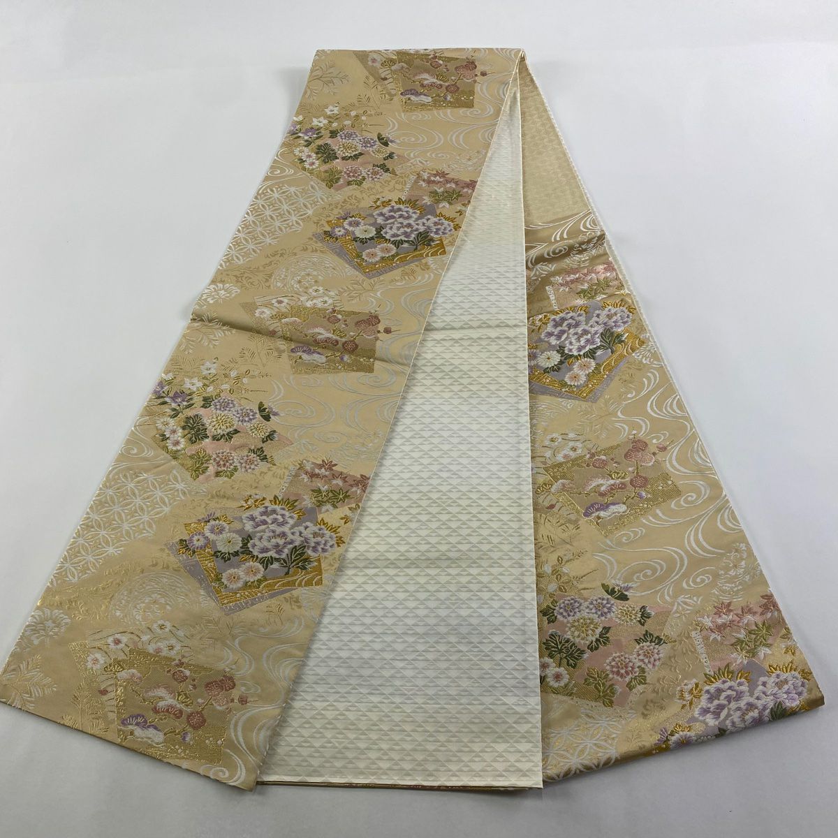 【美品】 袋帶 逸品級 鈴乃屋 草花紋紋 流水 金絲 金金箔 金色 六通 純蠶絲