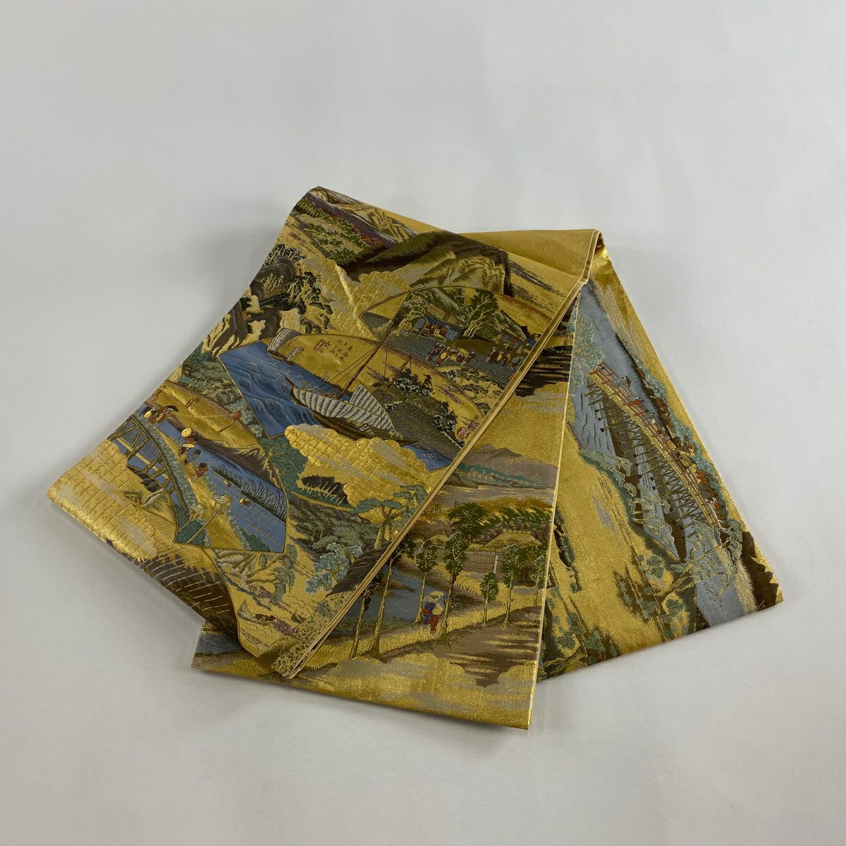 【美品】 袋帶 秀品級 東海道 鈴乃屋 扇子面 風景 金絲 金金箔 金色 大鼓圖案 純蠶絲