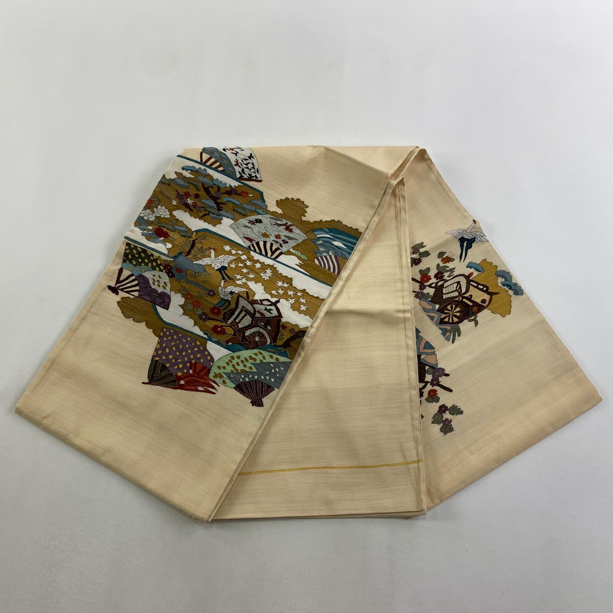袋帶 逸品級 扇子子 仙鶴 金銀線 金金箔 淺橙色 大鼓圖案 純蠶絲