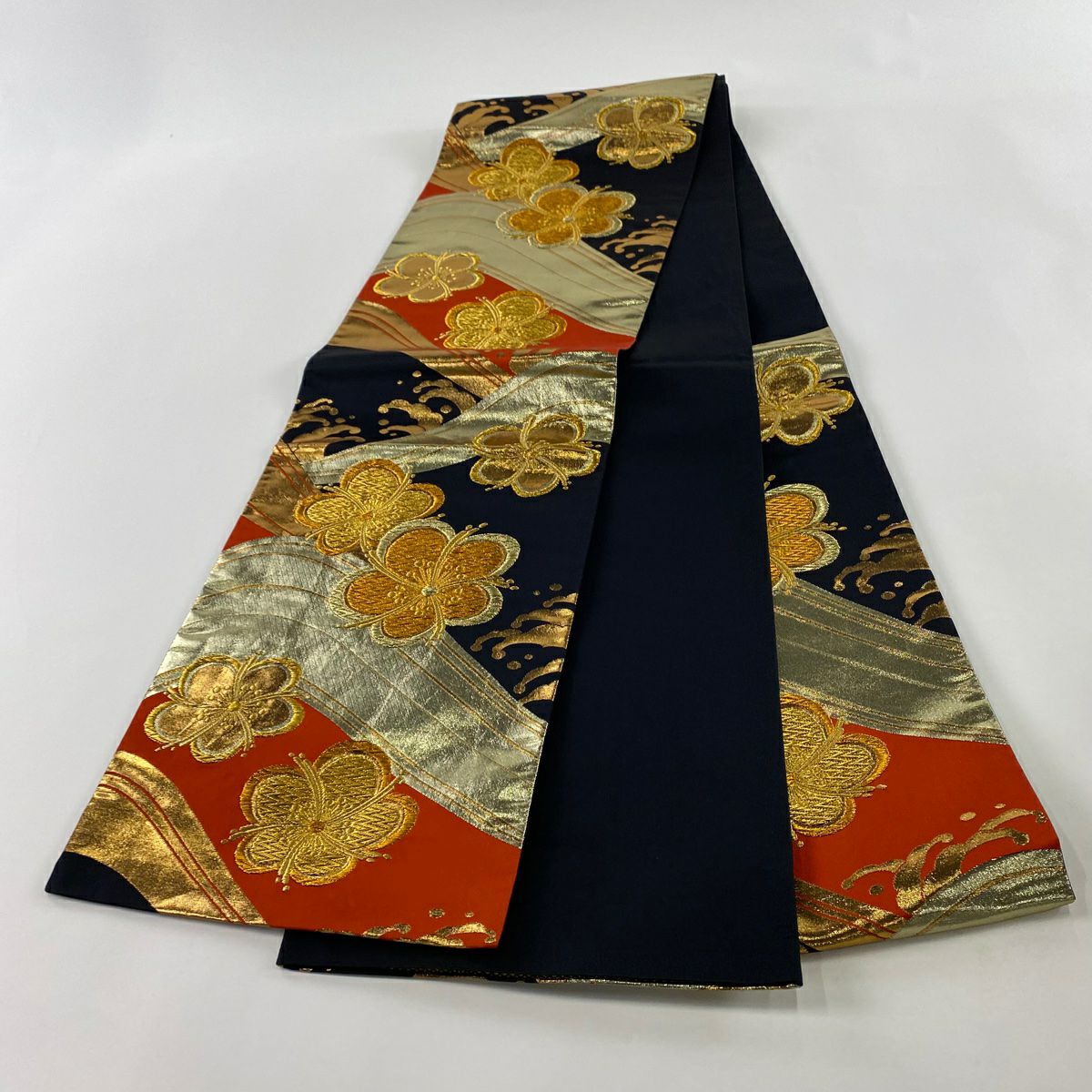 【美品】 袋帶 秀品級 梅花 波頭 金絲 金金箔 朱 紅 六通 純蠶絲