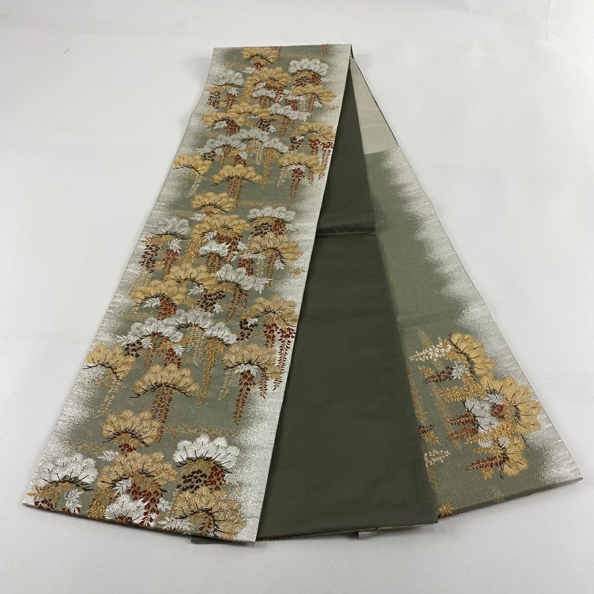 【美品】 袋帶 秀品級 藤 刺繡 金金箔 灰綠 お太鼓圖案 純蠶絲
