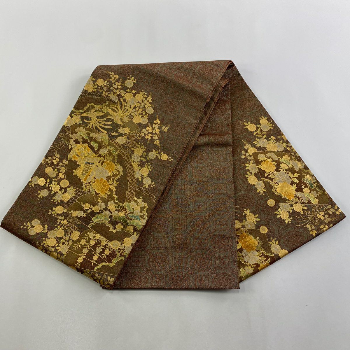 【美品】 袋帶 秀品級 御所車 花鳥 金銀彩 金絲 茶 お太鼓圖案 純蠶絲
