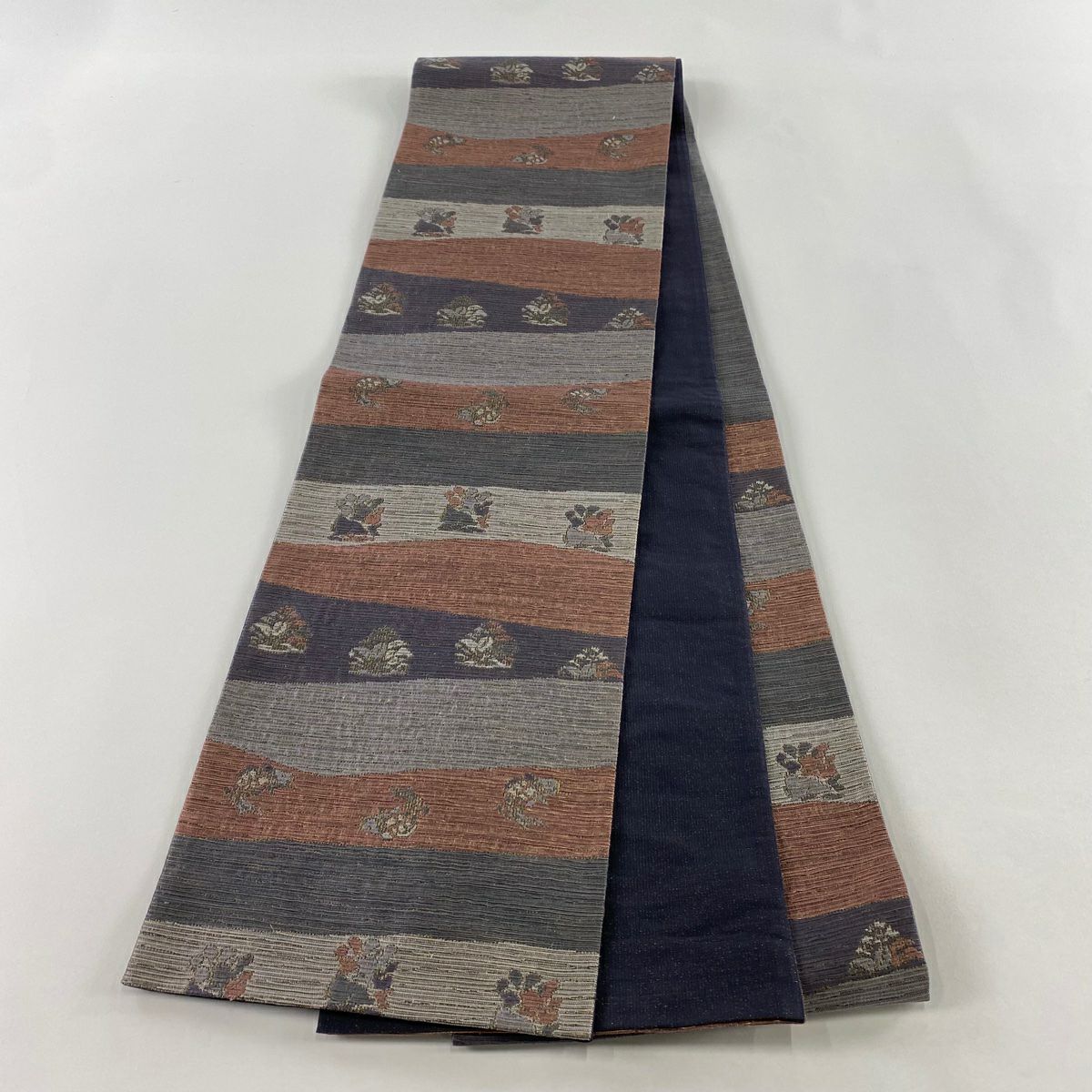 【美品】 袋帶 秀品級 花兔 荒磯 銀糸 金金箔 淺紫 六通 純蠶絲