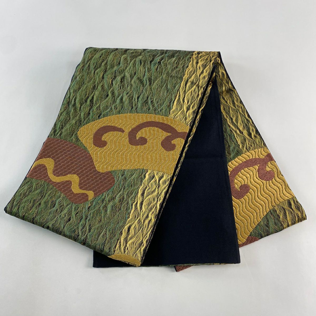 袋帶 優品級 唐草紋 幾何刺繡 金絲 綠 六通 純蠶絲