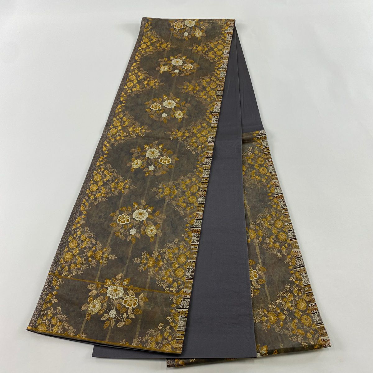 【美品】 袋帶 秀品級 證書齊全 草花紋紋 金絲刺繡 灰茶 六通 純蠶絲