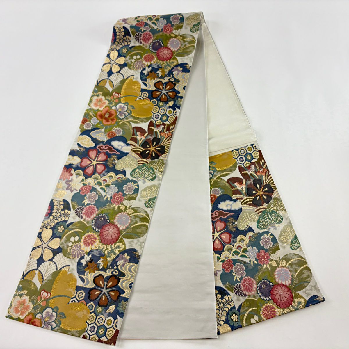 【美品】 袋帶 名品級 落款あり 草花紋紋 櫻花 金金箔 灰綠 六通 純蠶絲
